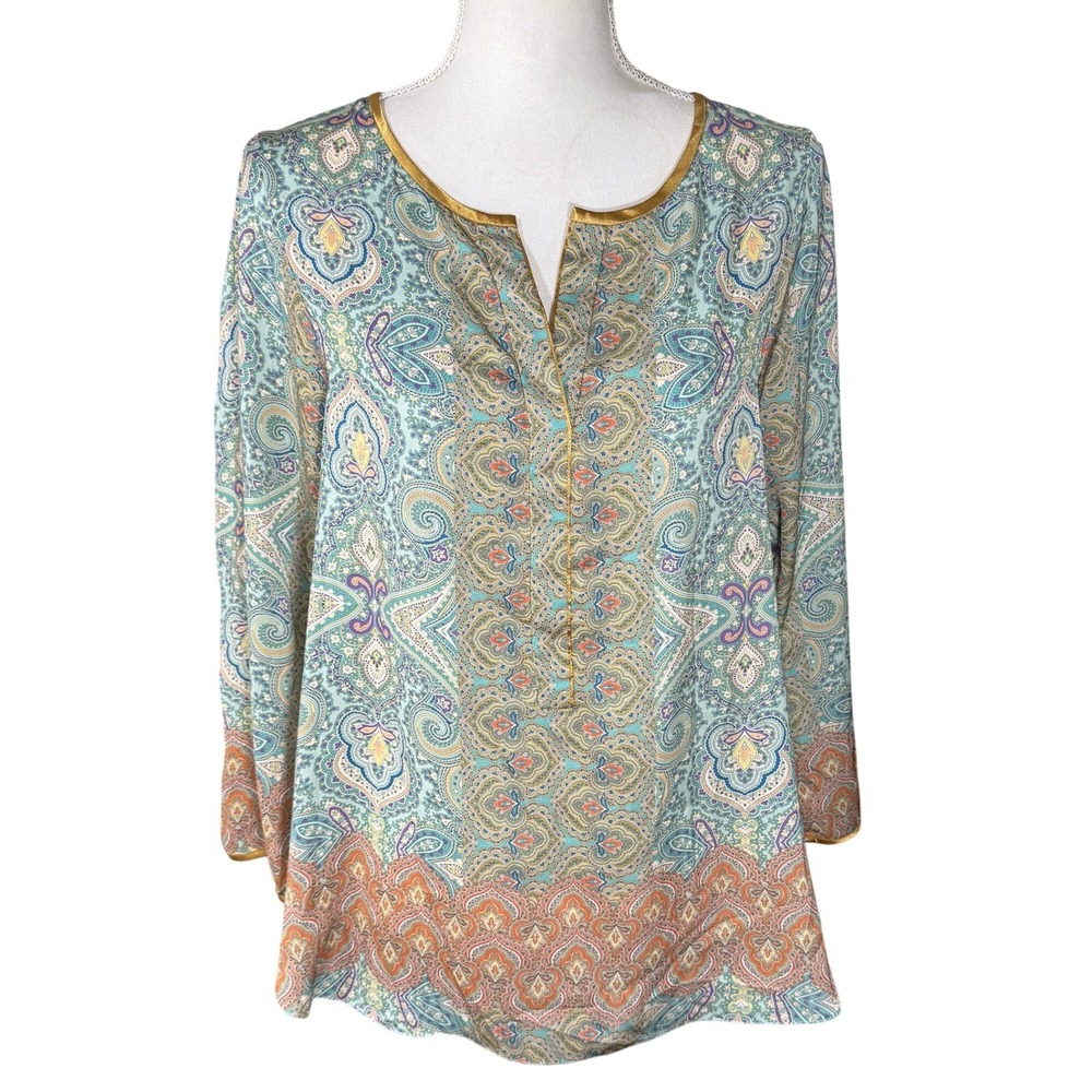 Sundance Womens Small Paisley Tunic Blouse Satin Trim Split Neck Boho Casual EUC